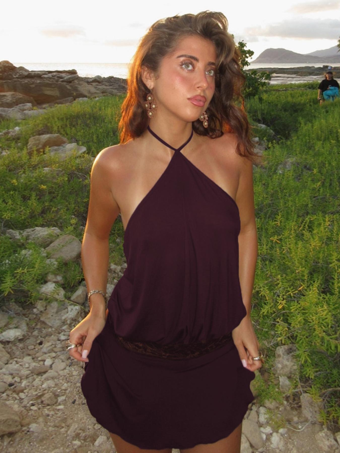 Women's Solid Color Lace Stitching Halter Neck Lace Up Sleeveless Backless Bodycon Slip Dress Plain Cut Out See Through Ruffles Hem Party Club Dating Holiday Beach Vacation Music Festival Ladies Dresses Clothing Wear Halter Strap Dress