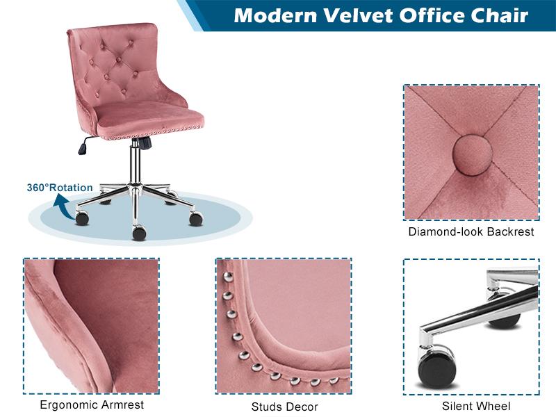 VINGLI Velvet Office Chair - Modern Upholstered Desk Chair with Adjustable Height, Tilting Mechanism, and Rolling Wheels - Pink