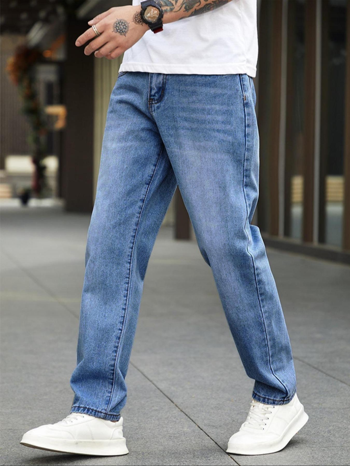 Men's Solid Color Wash Denim Jeans, Casual Comfy Straight Leg Jeans for Daily Wear, Woven Bottoms for All Seasons