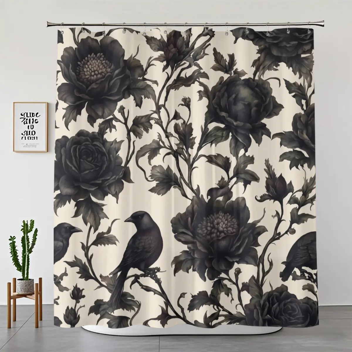 1/4-Piece Gothic Black Rose Raven Bird Shower Curtain Set, Vintage Moody Botanical Vine Dark Academia Witchy Spooky Elegant Aesthetic Bathroom Decor, Waterproof Quick-Dry Washable Fabric Shower Curtains, Raven Birds