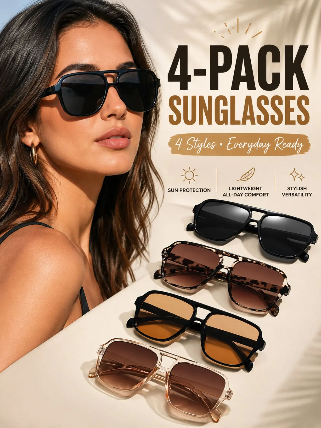 4pcs,Elegant Women's Modern Trendy Casual Sunglasses Set, 4 Pairs Vintage Style, Perfect for Beach Camping, Street Photography, Road Trips