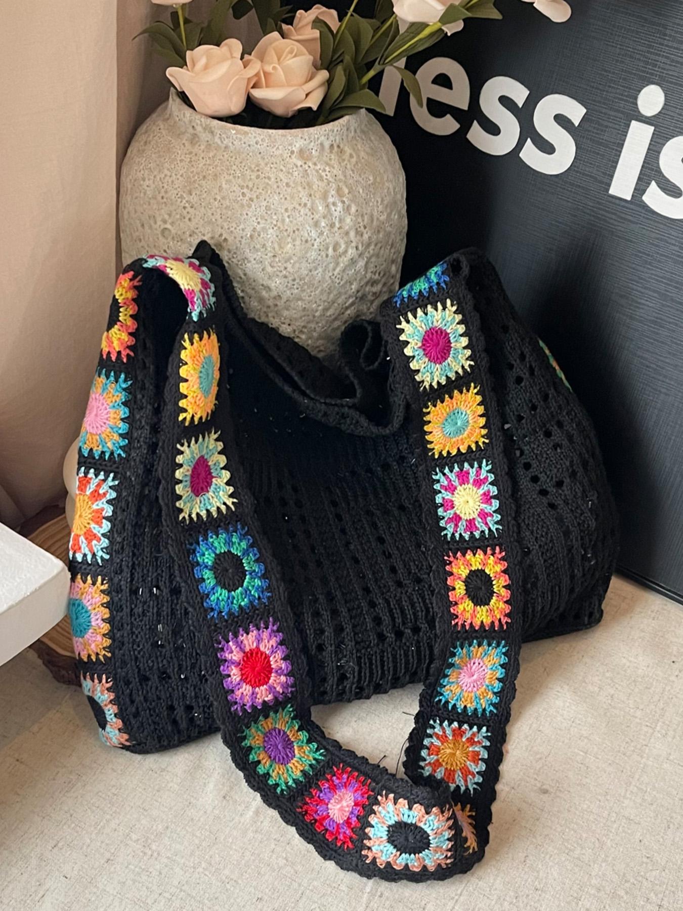 Women's Fashionable Floral Pattern Crochet Shoulder Bag, Boho Style Crossbody Tote Bag for Daily Used, Casual Trendy Versatile High-quality Daily Commuting Bag