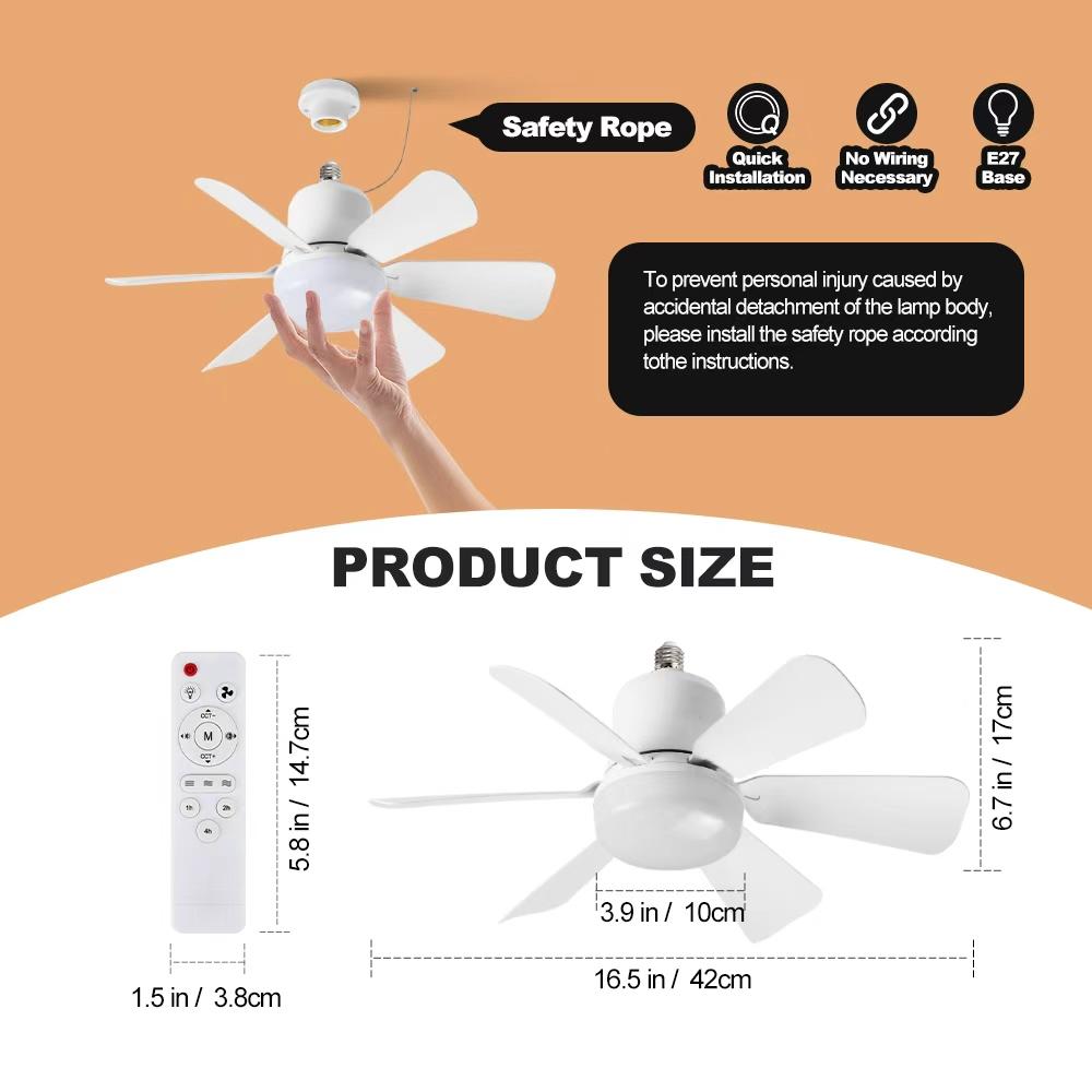 New E27 screw-in lamp holder fan light bulb with plug-in fan blade design, LED fan with three-speed adjustment lymphatic face brush pimple patch