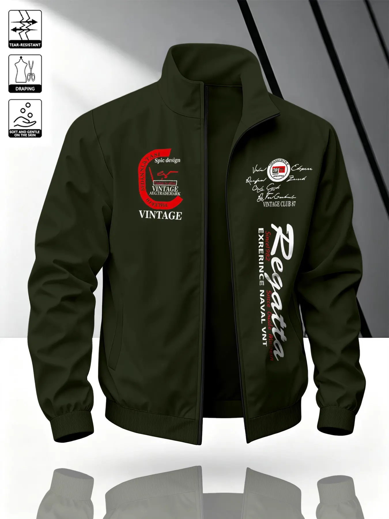 American Vintage Style Regatta Badge Print Stand Collar Jacket, Soft Touch Fabric, Casual Fitted Outerwear for All Seasons