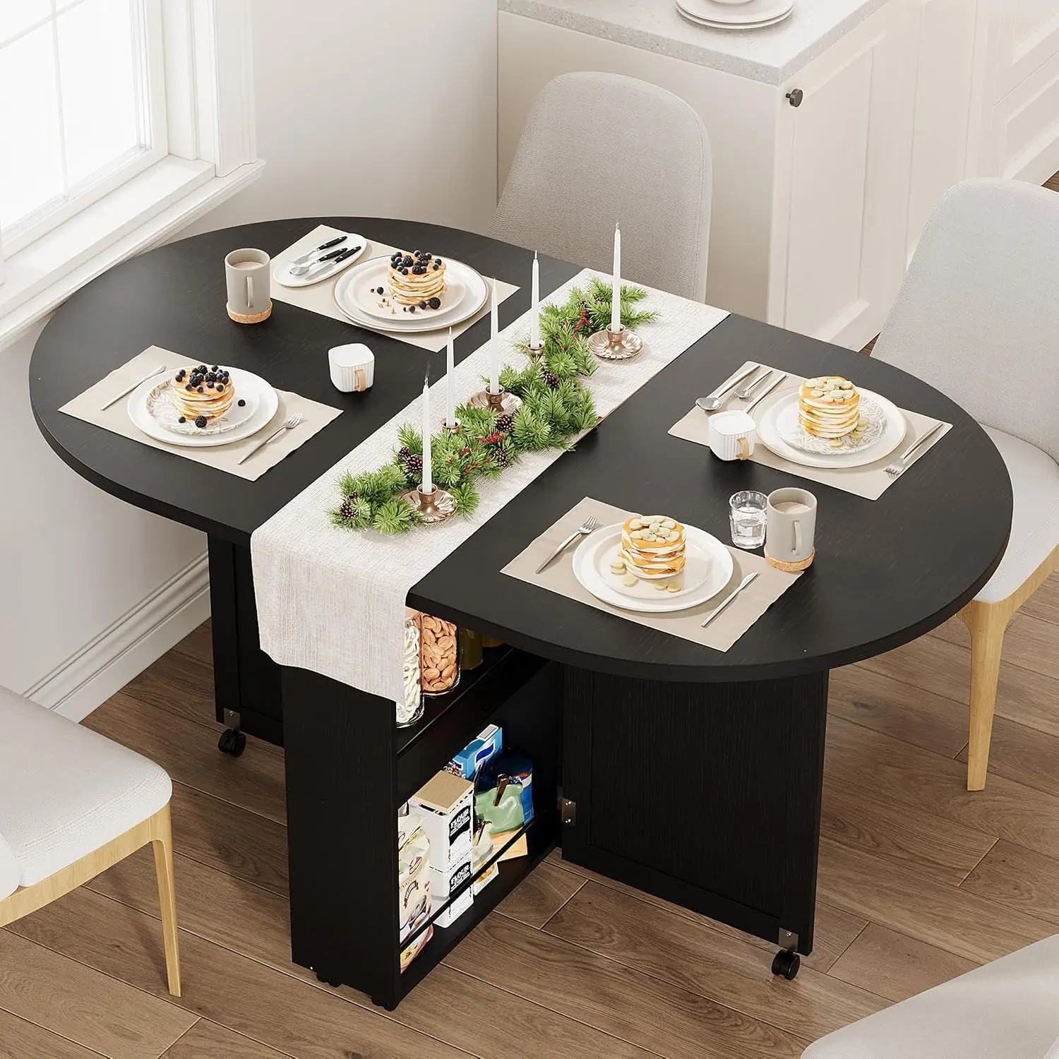Garvee Modern 3-in-1 Folding Drop Leaf Dining Table - Compact Foldable Desk with Wine Rack, Storage Shelves, Locking Casters for Small Spaces, Apartment