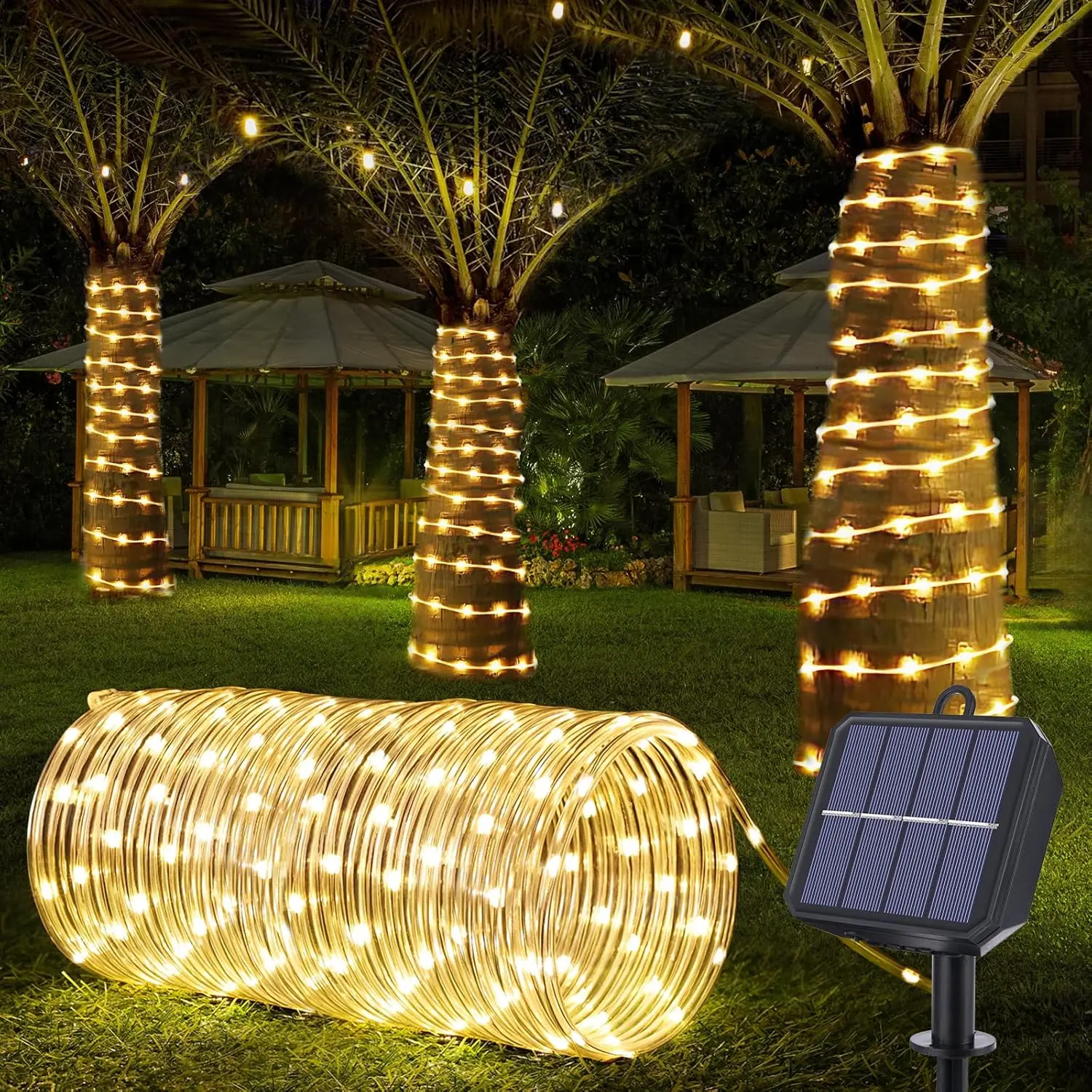 Solar Rope Lights, 66ft 200LED Solar String Lights, 8 Modes Waterproof Solar Outdoor Light, Flexible Clear Trampoline Light for Garden Backyard Patio Deck Porch Pool Tree Decor - Warm White