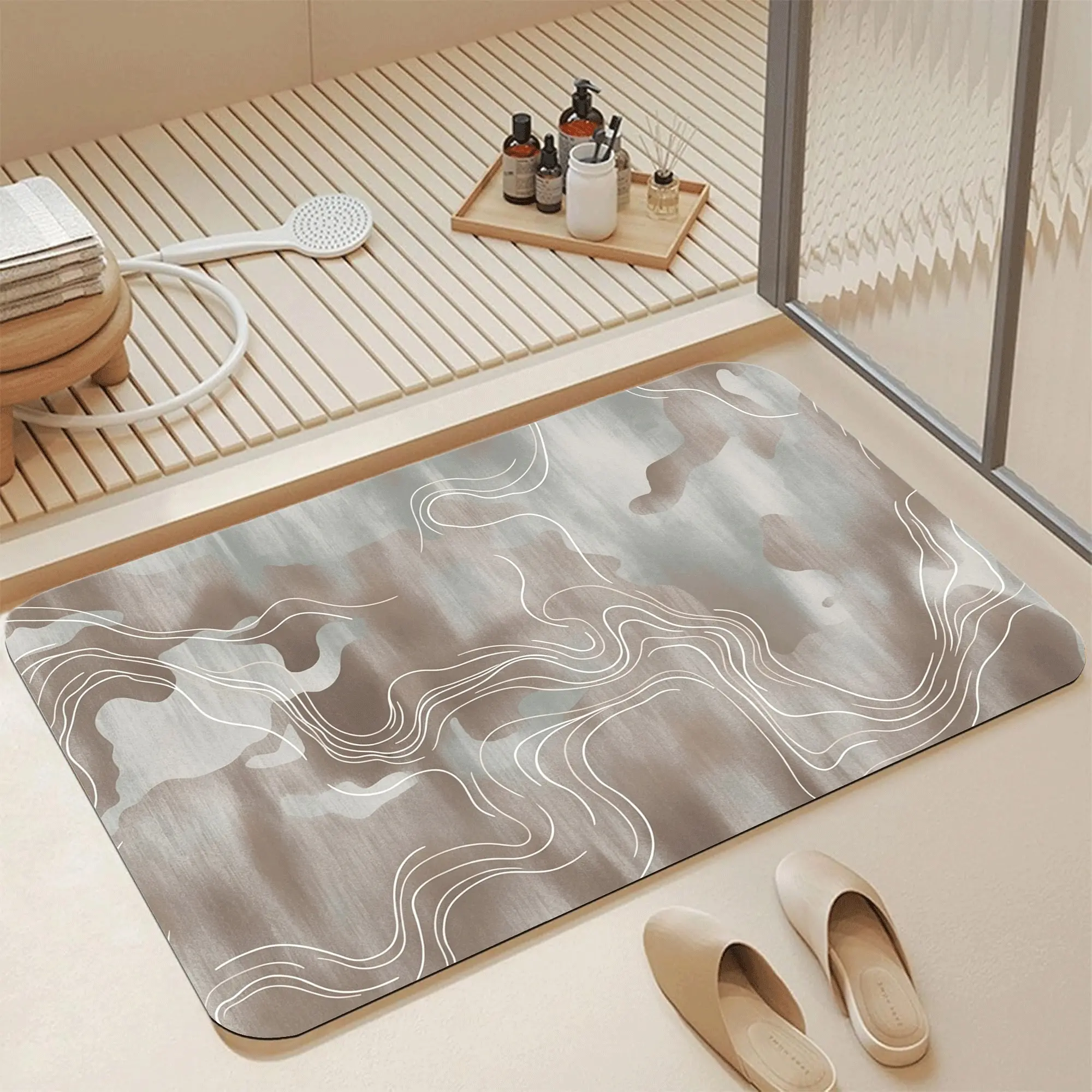 16*24 Inch Neutral Taupe Abstract Topographic Line Diatomite Bath Mat, Fast Water Absorbent Non-Slip Quick Dry Bathroom Rug, Soft Earth-Tone Watercolor Gradient Wavy Contour Print, Stain Resistant Washable Japandi Wabi Sabi Minimalist Shower Mat for Neutr