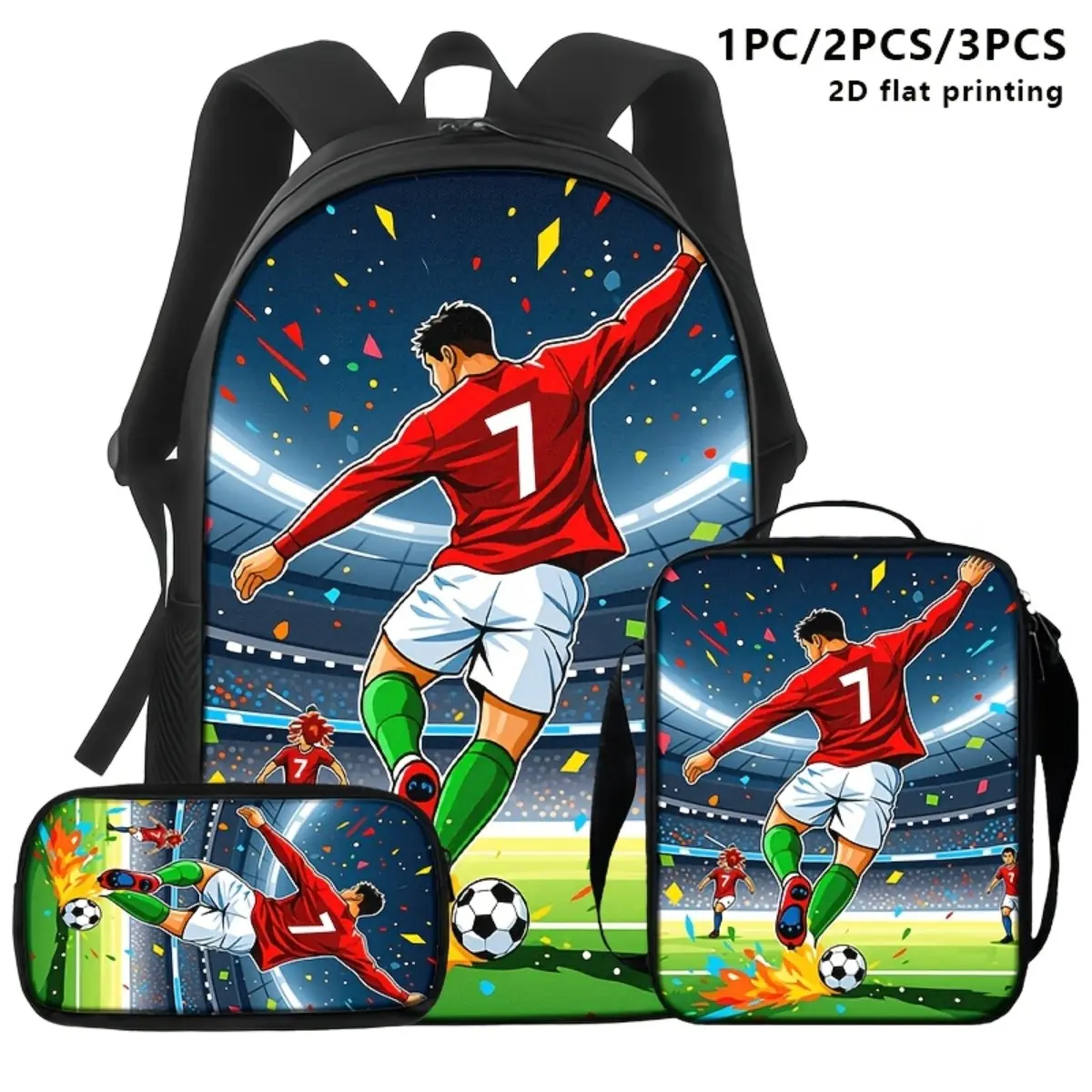 3-Piece Sporty Chic Football Print Backpack Set with Goal Scene, a Multi-function Compact Set with a Built-in Organizer & Zip Closure, Built-In Organizer Backpacks, Cow Hide Backpacks
