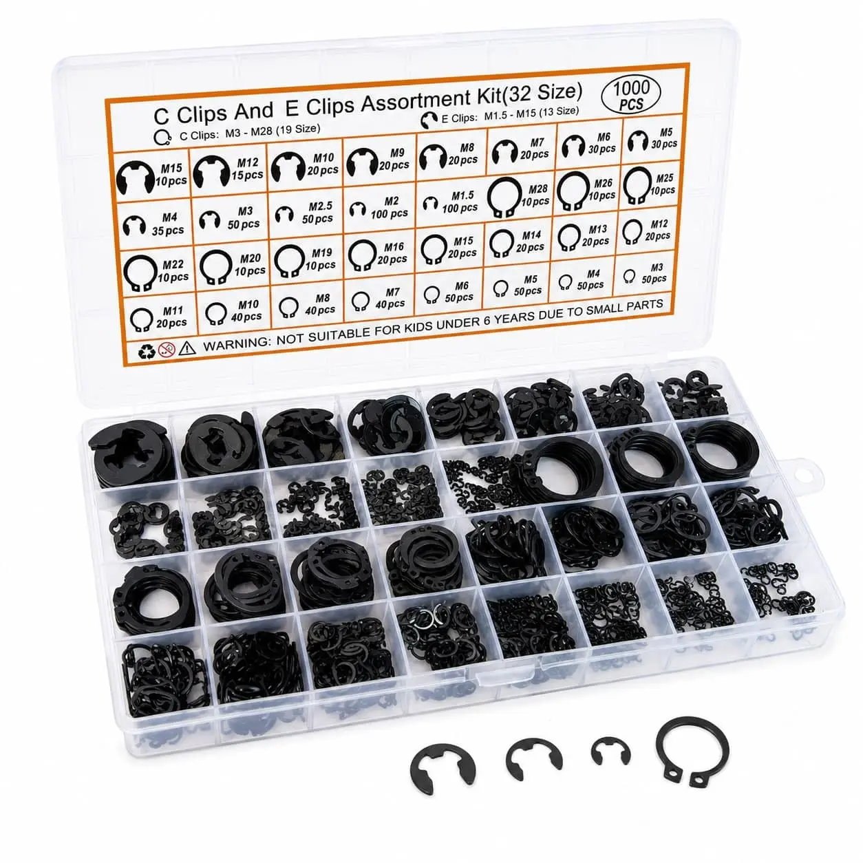 1000-Piece Clips & Clips Assortment Kit - 32 Sizes, Retaining Rings | Black carbon steel snap ring kit: 32 metric sizes, clips M3-M28 and clips 1.5-15 mm, labeled case for automotive repair