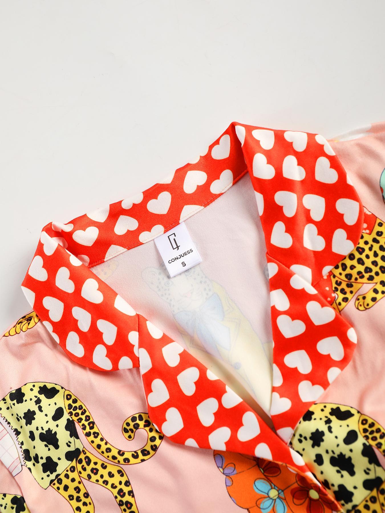 Two-piece Set Women's Heart & Leopard Print Lapel Neck Pajama, Long Sleeve Button Up Top & Elastic Waist Pants Pj Set, Casual Comfortable Sleepwear Loungewear Set for Women