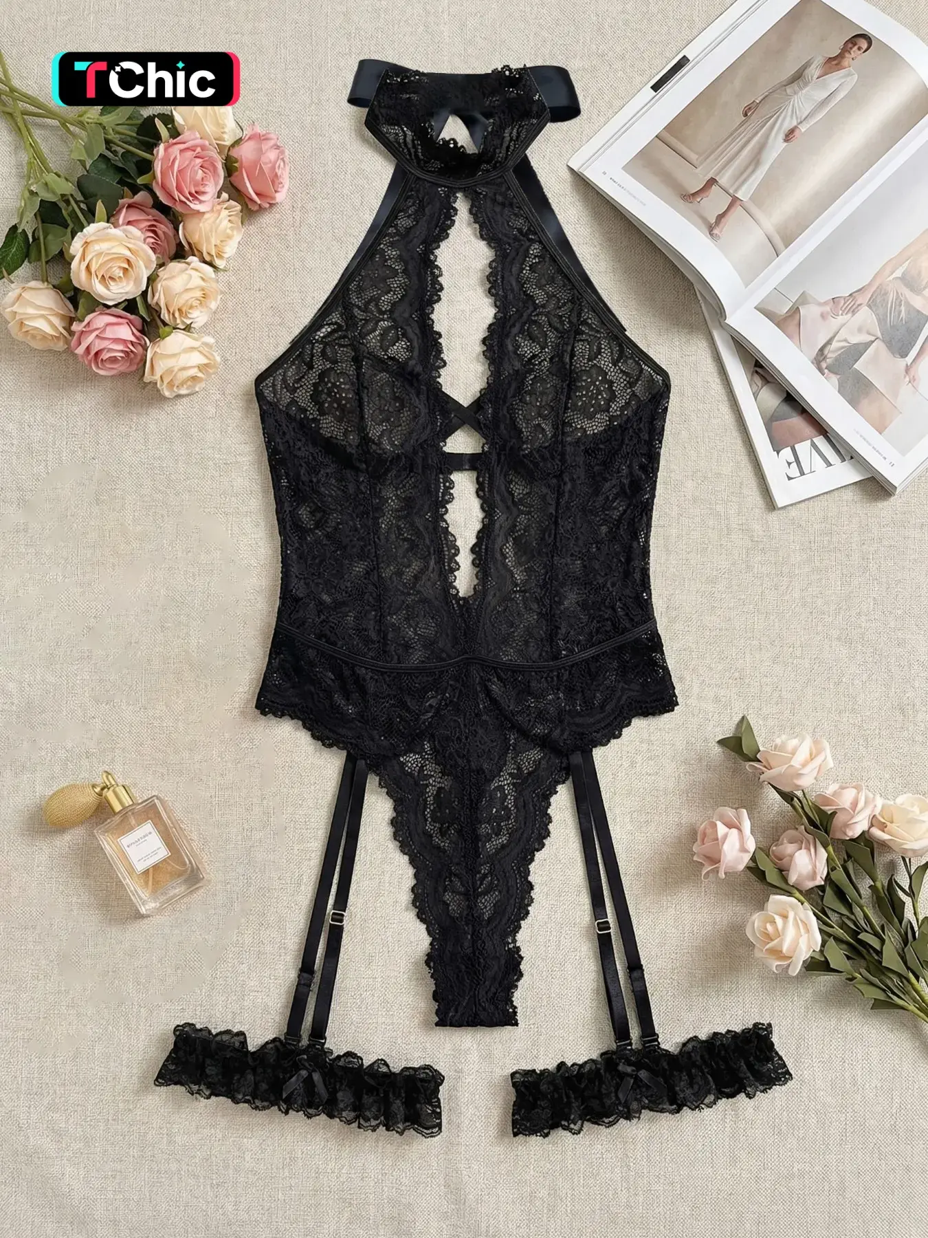 Valentine Lace Women's Halter Neck Bodycon Fitted Bodysuit Classic Sexy Lingerie Set Without Steel Ring 3 Piece [bodysuit + Leg Rings X2], Lace Bodysuits, All Seasons, Crop/short Length