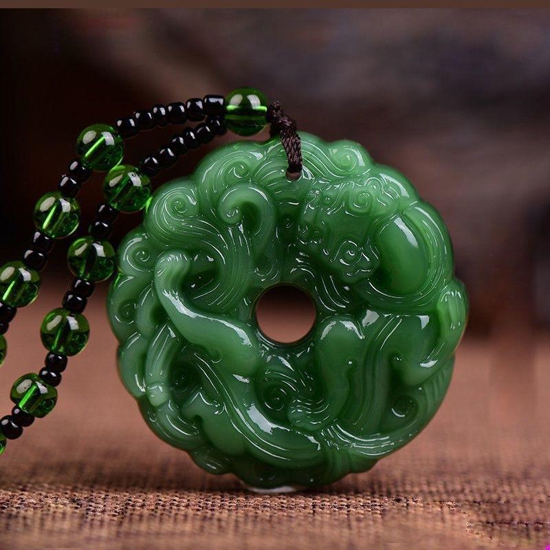 Imitation jade safety necklace, glazed female rose pendant, dark green glass, Pixiu long pendant, send Guanyin Buddha national style