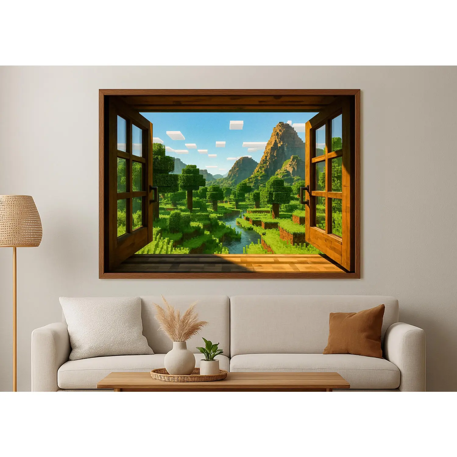 Block Video Game Canvas Print Art - Artistic Window View Wall Decoration with Frames, Gaming Room Decor Gift for Gamers, Aluminium