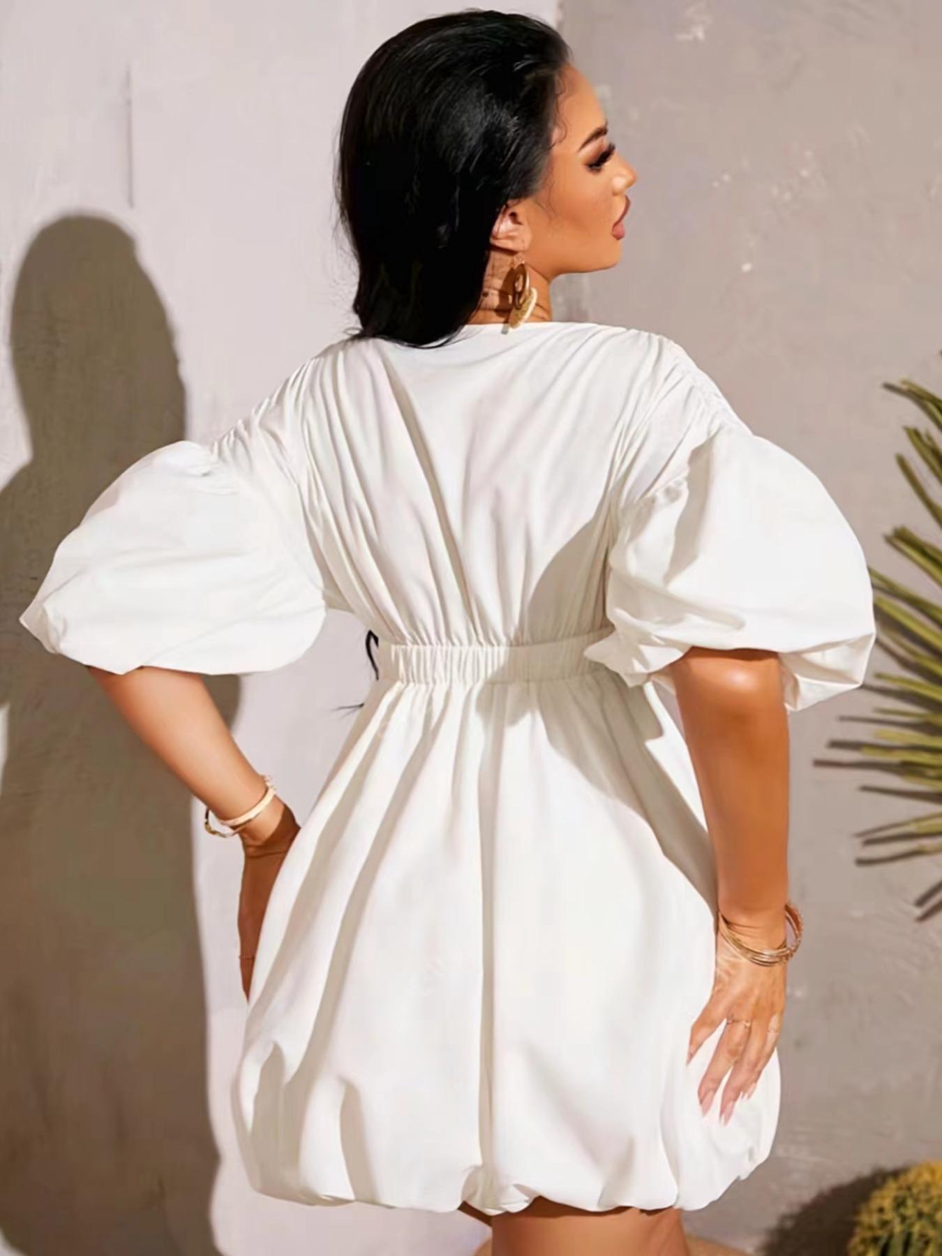 Women's Plain Puff Sleeve Deep V Neck Dress, Fashion Casual Short Sleeve A Line Mini Dress for Daily Outdoor Wear, Women Dress for Spring Fall, Womenswear