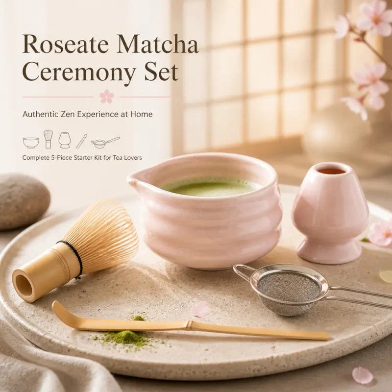 5-Piece Cherry Pink Ceramic Matcha Set, handcrafted. Includes tea bowl, bamboo whisk, whisk holder, tea spoon and sieve, bringing you a peaceful tea ceremony experience at home.