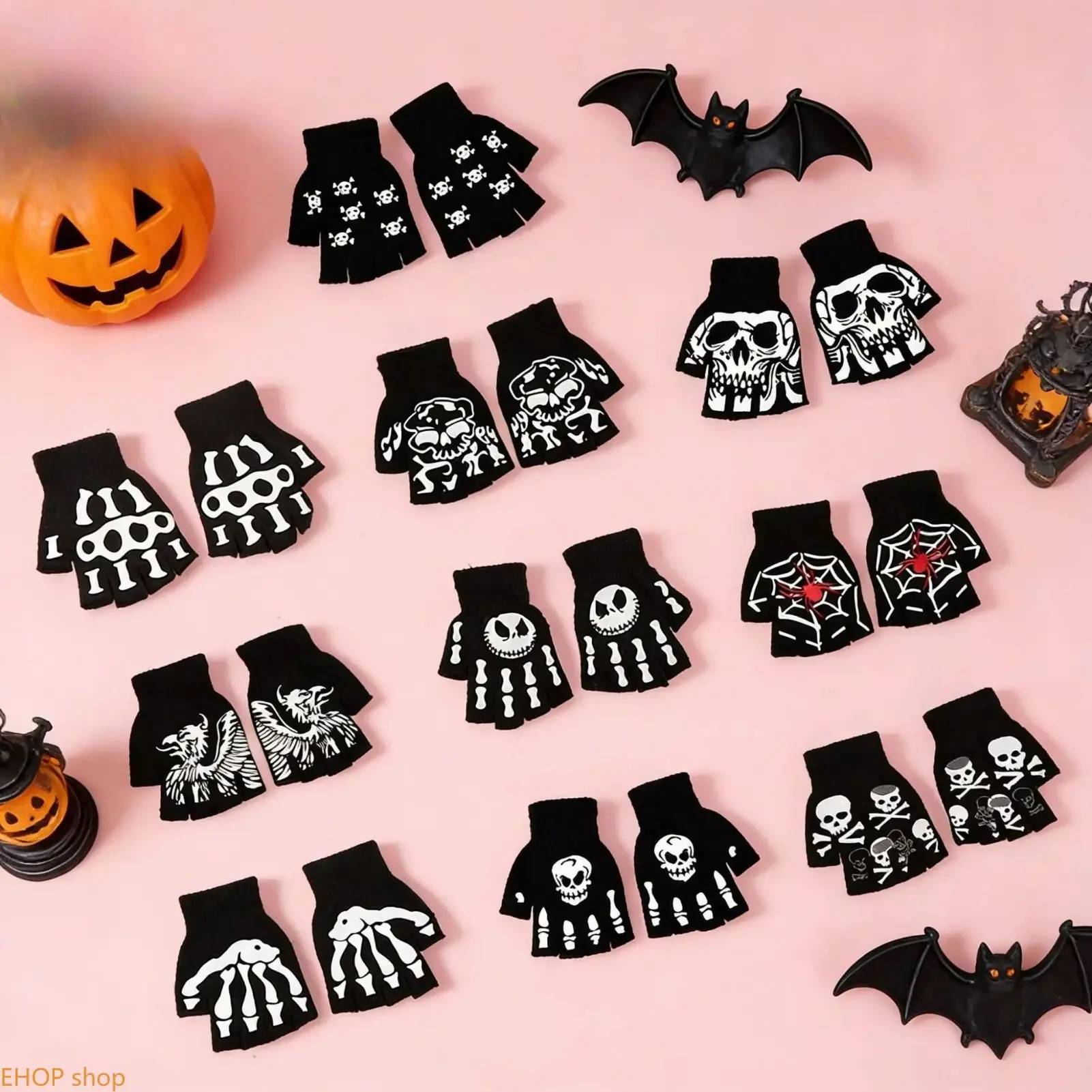 Halloween Skeleton Bone Print Knitted Fingerless Gloves, Polyester Soft Stretch Warm Gothic Accessories with Non-Slip Silicone Grip, Plain Cosplay Costume Party & Fall Winter Daily Use Accessory, Unisex