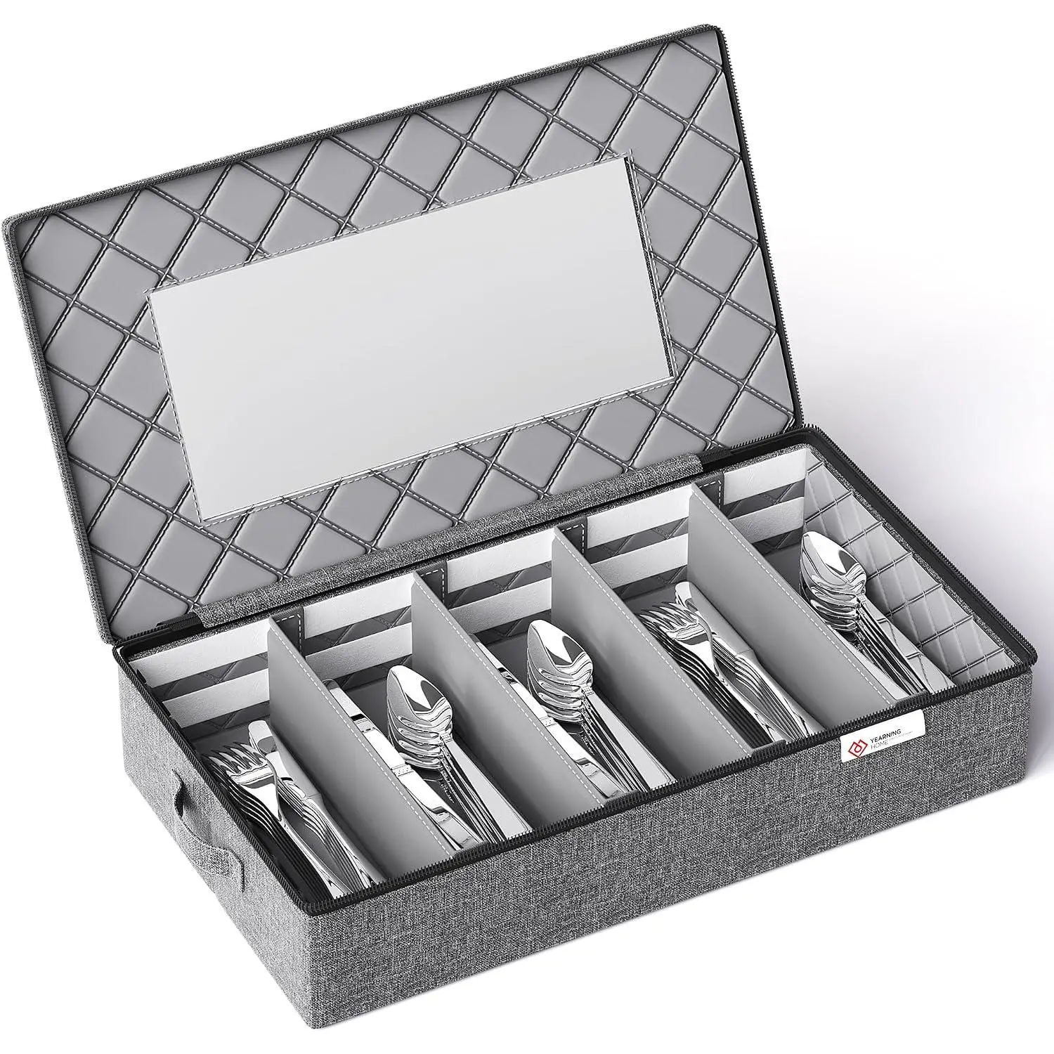 Silverware Storage Box,Hard Shell Flatware Organizer with Lid and Zipper,Utensil Storage with Clear Window and adjustable Divider for Spoons,Forks.,Grey