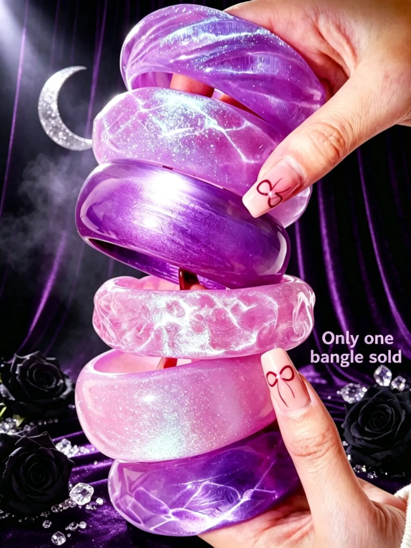 1pcs y2K Vintage Chunky Bangle Bracelets for Women, Glitter Transparent Resin Wide Bangles, Pink Purple Fashion Statement Bracelets for Party Autumn Daily Wear