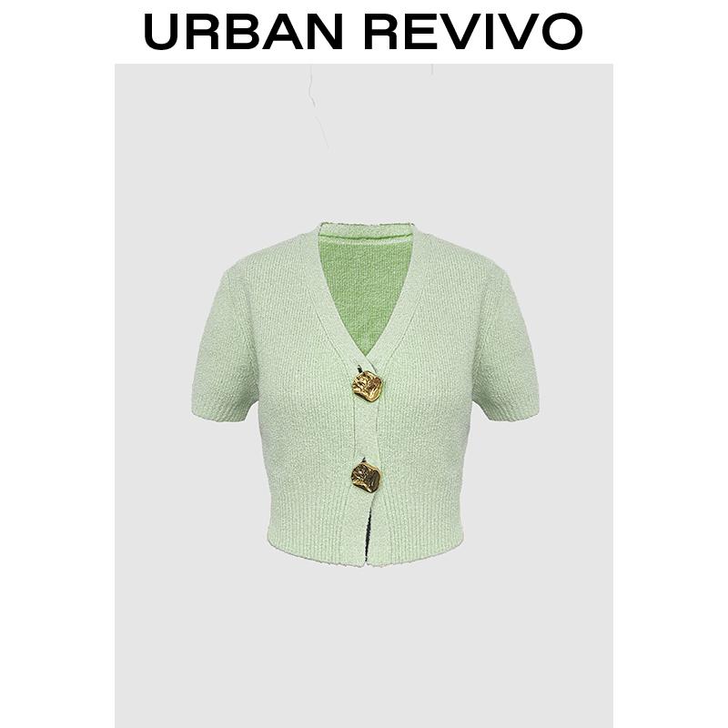 URBAN REVIVO Minimalist V-Neck Short-Sleeve Knit Cardigan Chunky Metal Button Detail Cropped Top SpringStatements URBAN REVIVO Minimalist V-Neck Short-Sleeve Knit Cardigan Chunky Metal Button Detail Cropped Top SpringStatements