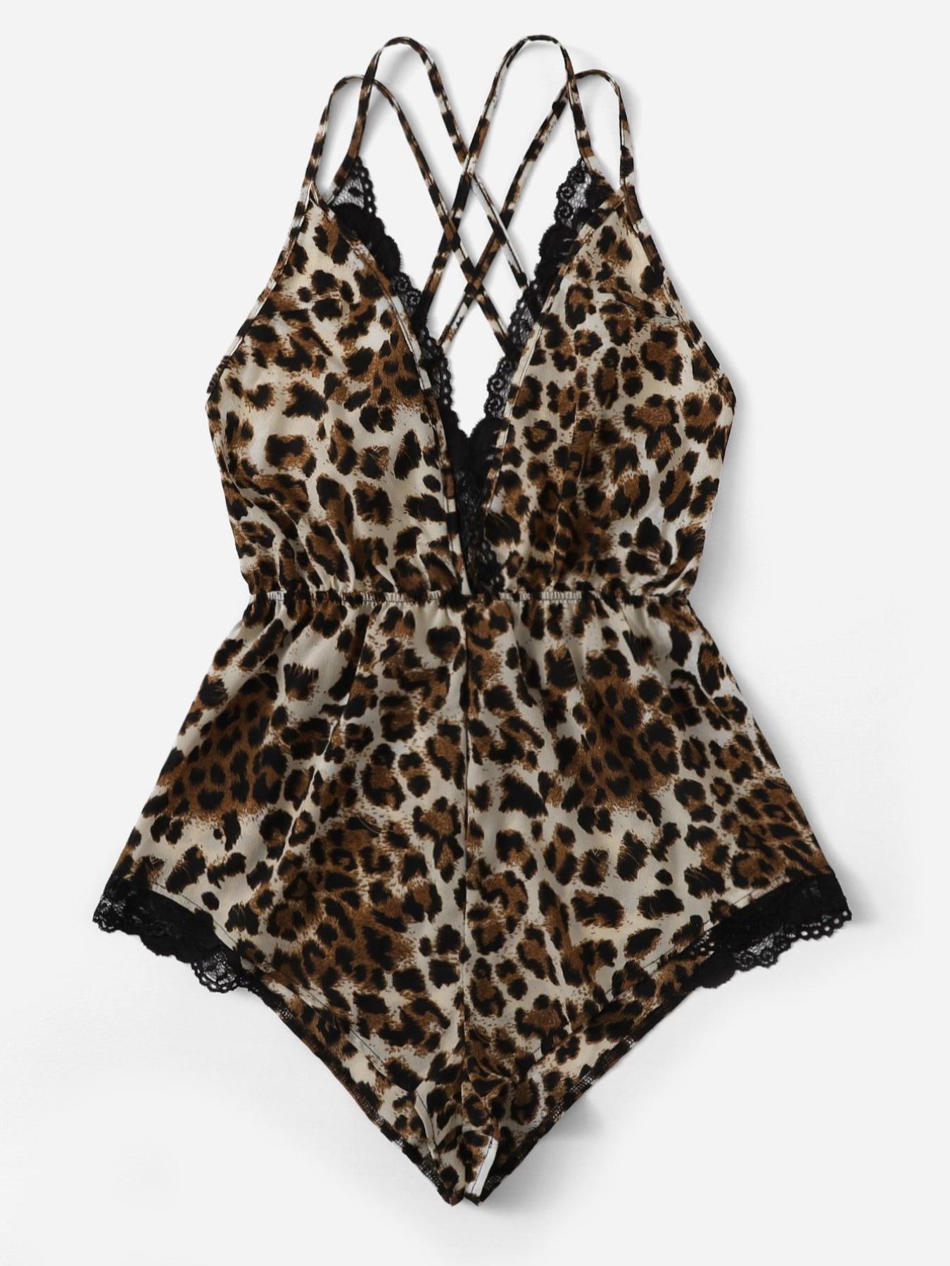 Women's Soft Satin Leopard Print Backless Criss Cross PJ Cami Rompers, Spaghetti Strap Satin Lounge Pants, Women's Sleepwear for All Seasons, Lingerie