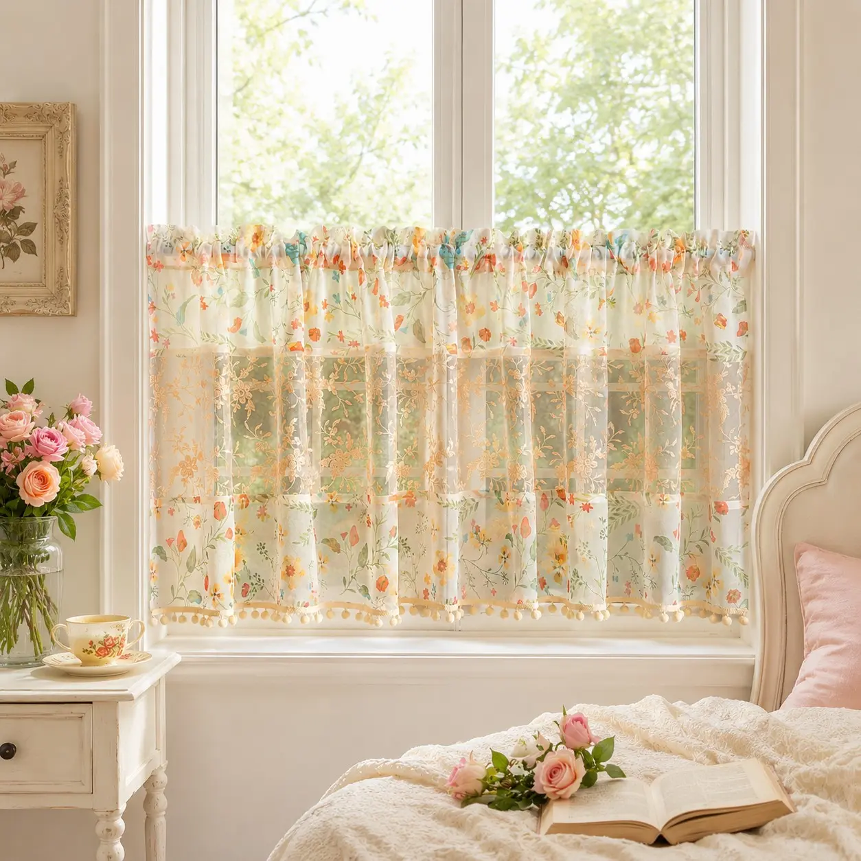 1pc Floral Embroidered Short Curtain, Rustic Style Sheer Curtain, Kitchen Small Window Half Curtain, Coffee Shop Decorative Curtain, Home Decoration Curtain, Window Curtains