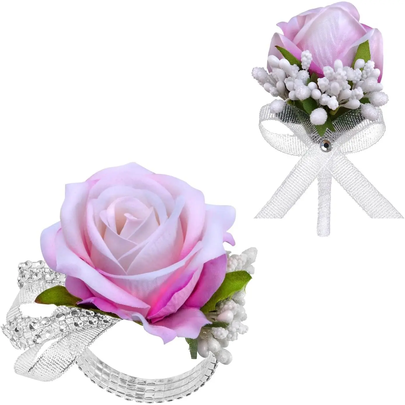 Wedding 2-Pcs Elegant Wrist Corsage & Boutonniere Set - Artificial Elastic Band Wrist Corsage Bracelet, Ribbon Bow Men’s Boutonniere, Adjustable Size for Anniversary Prom Decor (Pink), Weddings, Elegant Wrist Corsages