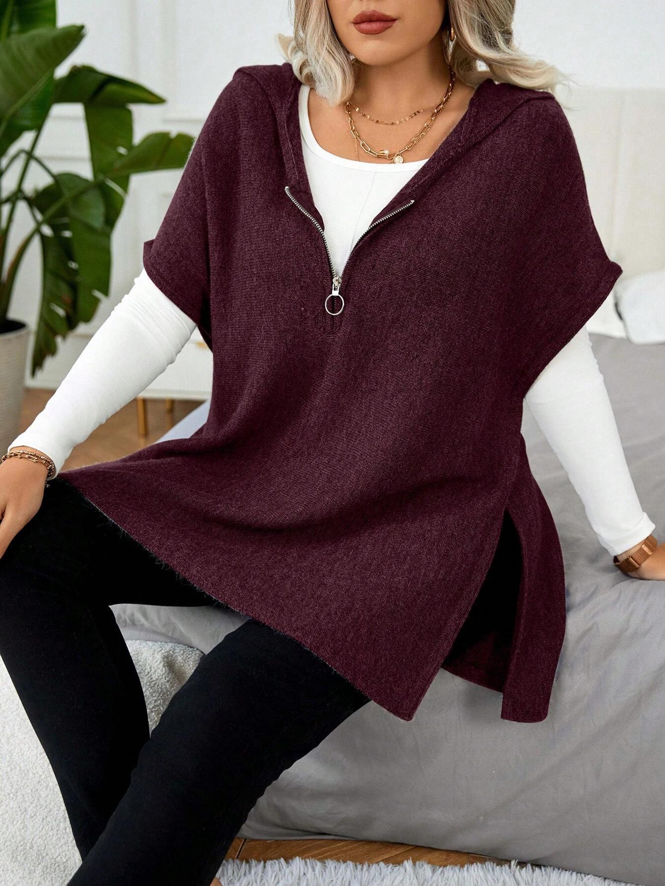 【Plus Size】 Women's Solid Half Zip Up Hooded Sweater, Casual Split Hem Jumper for Spring & Fall, Fashion Women's Knitwear for Daily Wear