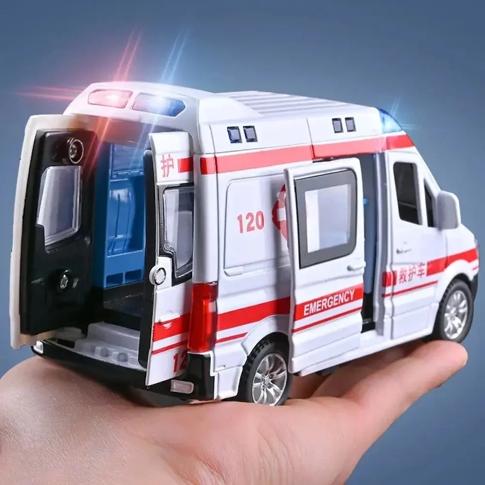 Kids' 1-32 Scale Mini Diecast Emergency Vehicle Toys, Ambulance Fire Truck Police Car with Sound and Light Effects, Simulation Collectible Model Toy