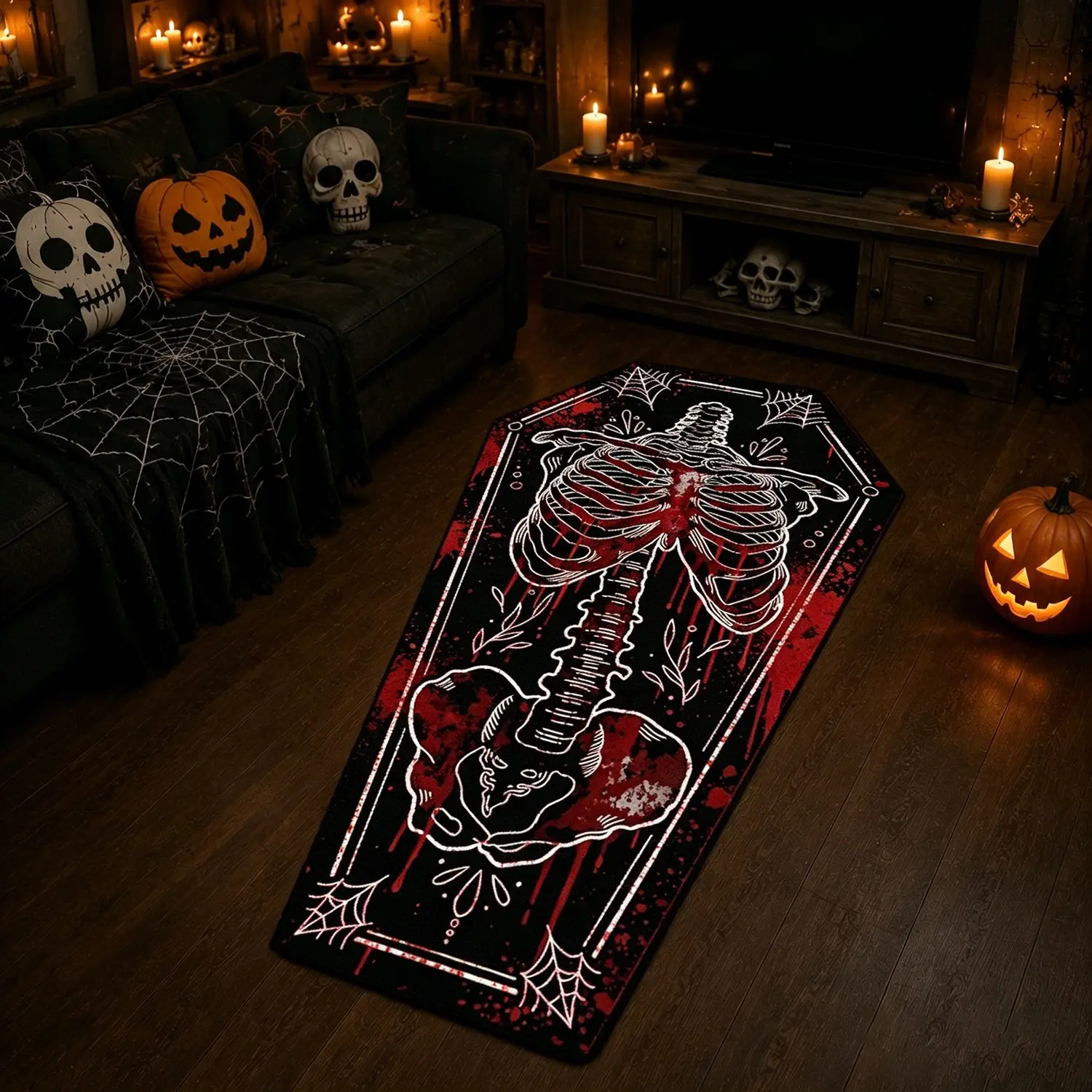Halloween Skull Coffin Rug, Soft Washable Carpet, Gothic Style, Decorative Mat for Living Room, Bedroom, Hallway, Kitchen, Staircase