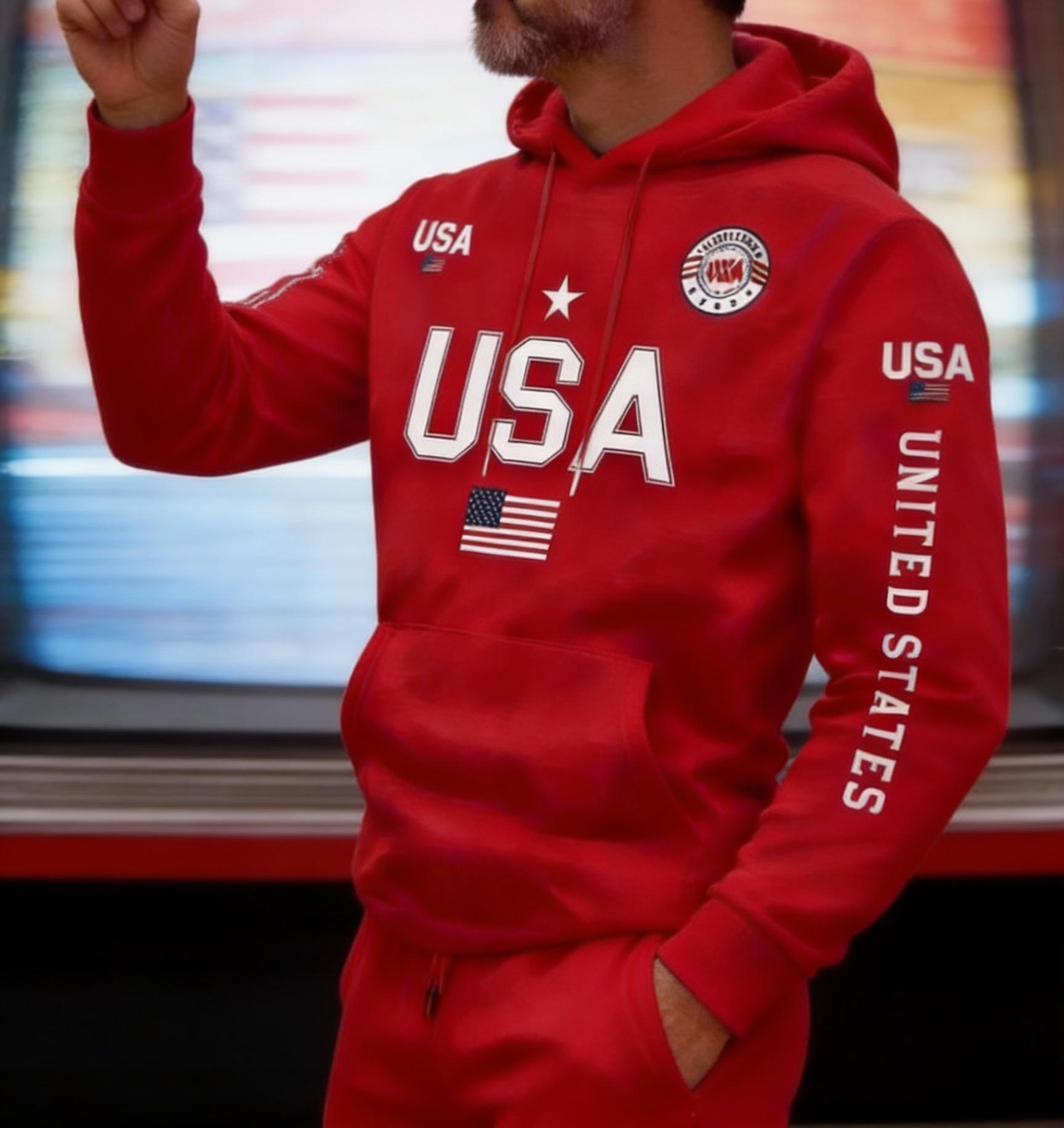Streetwear USA Hoodie Men's Red Loose Hoodie Flag Element Top