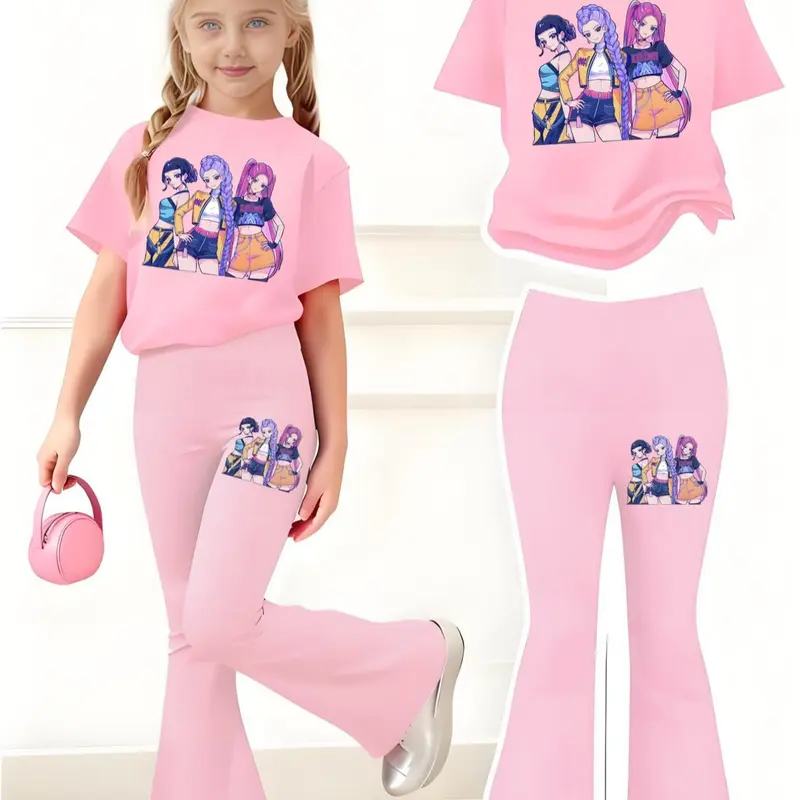 Cartoon Girl Group Print 2-Piece Set, Casual Sporty Short Sleeve and Bell Pants, Comfortable Elastic Waist, Kids Spring Summer, Graphic Print Set, Summer Clothes Set