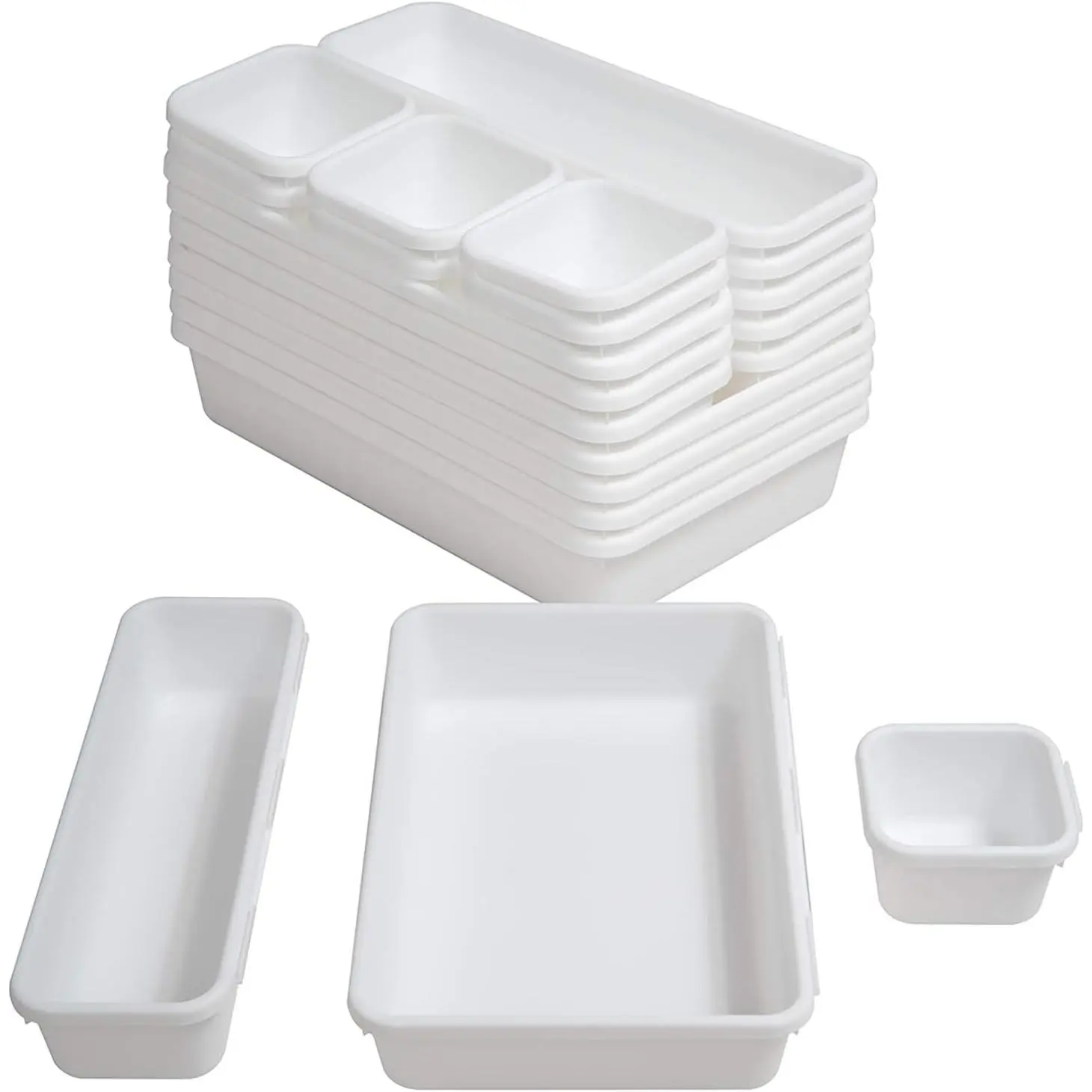 18 count White Drawer Organizers Trays Set Drawer Dividers for Kitchen Office Bathroom, Interlocking Bin Pack (18 Pieces)