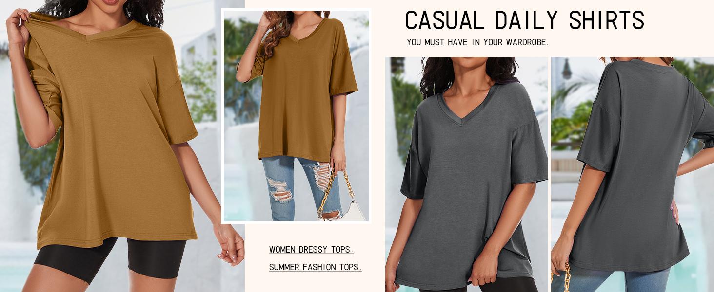 Women's T Shirts Oversized V Neck Striped Tees Half Sleeve Casual Comfy Cozy Cotton Tunic Tops Summer clothes