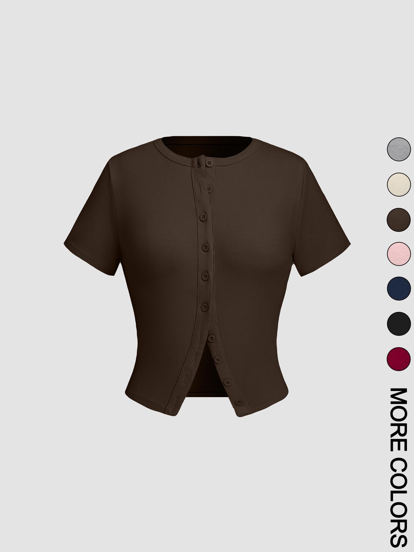 Women's Plain Button Front Crop Tee, Casual Short Sleeve T-shirt for Daily Wear, Ladies Clothes for All Seasons, Womenswear