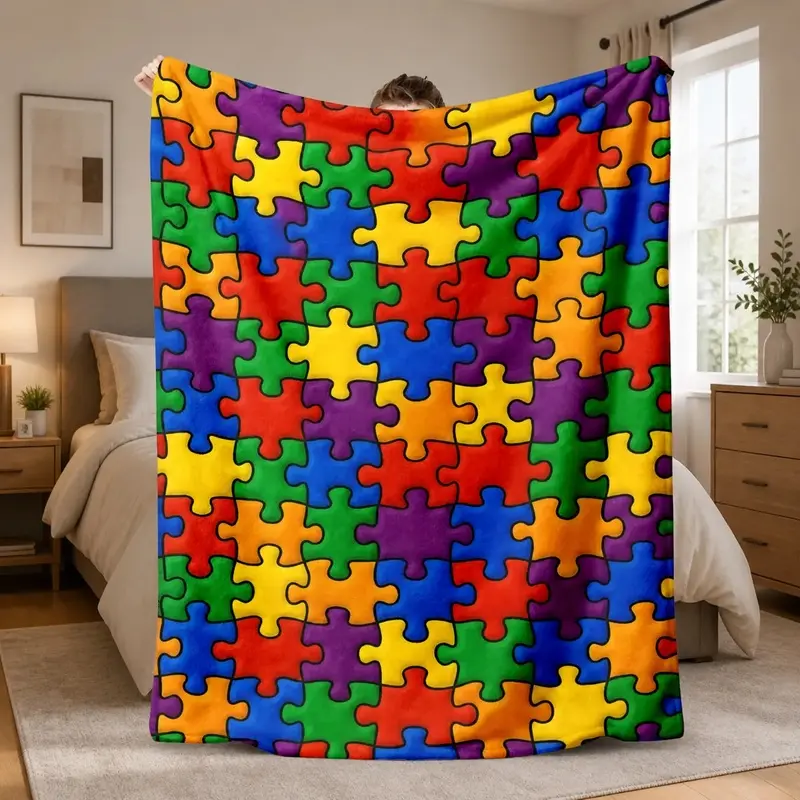 Rainbow Autism Puzzle Piece Full Print Flannel Blanket Soft Plush Warm Throw Blanket Colorful Interlocking Jigsaw Neurodiversity Decor Couch Bedroom Nap Blanket Giftable Autism Awareness Neurodivergent Supporter Comfort Blanket for All Seasons