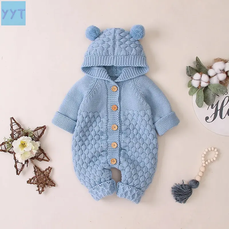 YYT1 Solid Cotton Winter Hooded Knit Jumpsuit for Newborns 3-24 Months - Long Sleeve Shirt, Button Front, Pom-Pom Ears, Cozy Kids' Fashion Outfit
