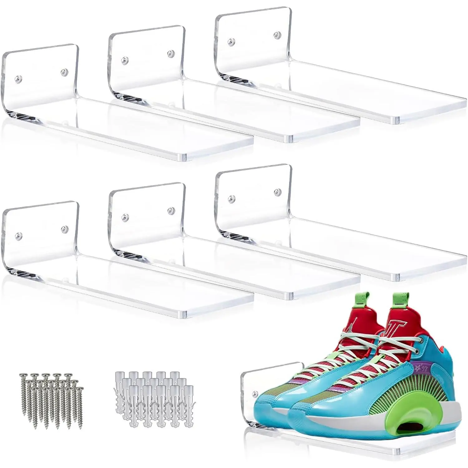 Floating Shoe Display Shelves for Wall Mount Set of 6 - Clear  Floating Shelves for  Sneaker Collection or Shoes Box