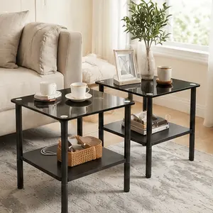 ARCH 2-Piece Modern Rectangular Glass Side Table Set with Tempered Glass Top and MDF Storage Shelf, Black Metal Frame, Minimalist End Table for Living Room Bedroom Office, Multiple Color Options, Black/Gold+Clear/White Color Options