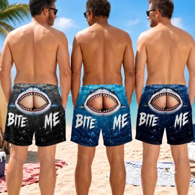 Men's Custom Funny Print Beach Wear Swim Trunks - Male Multi-Size Various Patterns Swim Shorts with Bite Me Butt Illusion, Gag Gift