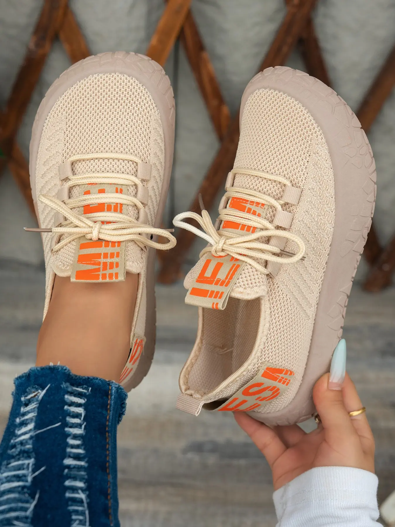Women's Breathable Knit Sneakers, Casual Slip-On Walking Shoes, Lightweight Cushioned Sole, Anti-Slip Thick Bottom, Trendy Letter Stripe Design