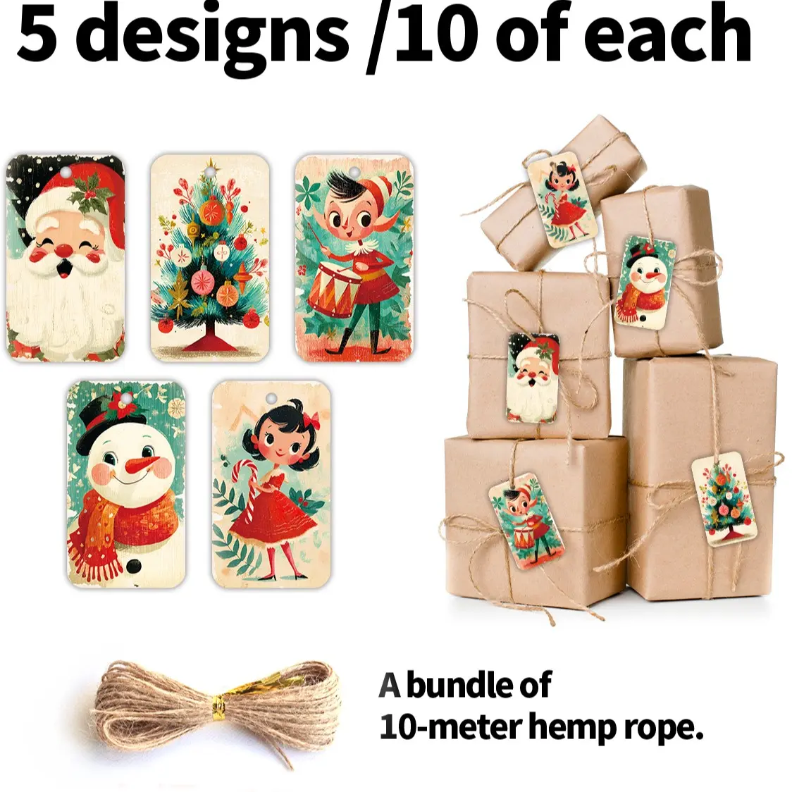 50 Pcs Vintage Medieval Christmas Gift Tags, Retro Holiday Name Labels, 1950s Nostalgic Long Paper Hanging Tags, Santa Claus Snowman Elf Bookmarks for Christmas Gift Wrapping DIY Craft Decorations