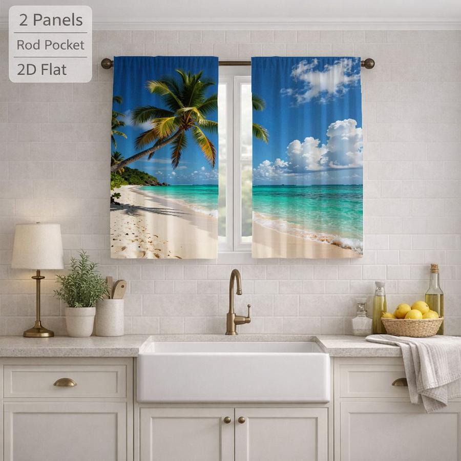 2Pcs Beach Landscape Palm Tree Ocean Scenery Sun Blocking Curtains Digital Printed Rod Pocket, Window Treatment For Bedroom Office Kitchen Living Room Study Home Decor