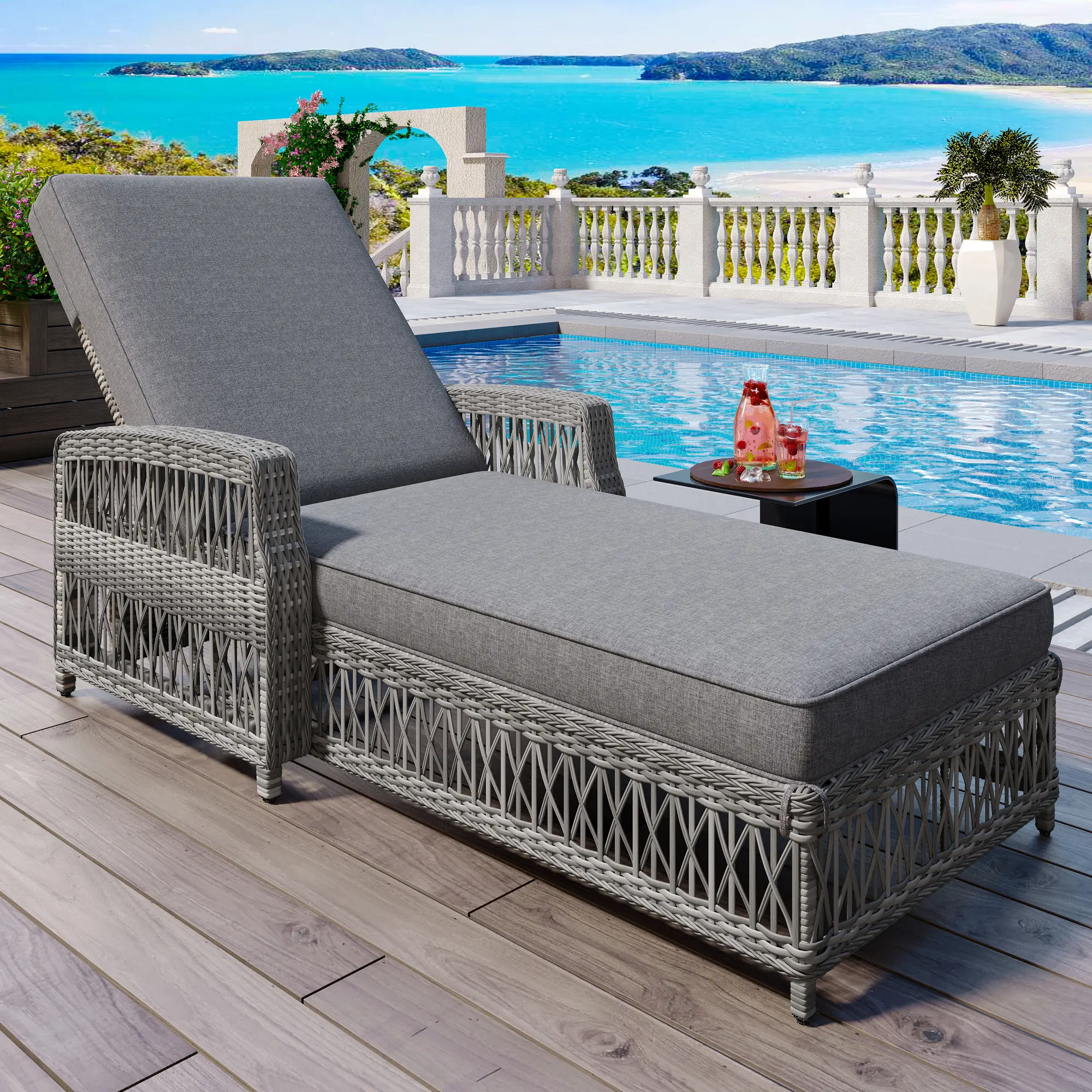 ARCH Outdoor Reclining Chaise Lounge - All-Weather Wicker Frame Patio Lounger with Adjustable Backrest, Armrests, Soft Removable Polyester Cushion, Iron Accents for Garden, Deck (Recline Shape, Grey), All-Weather Use