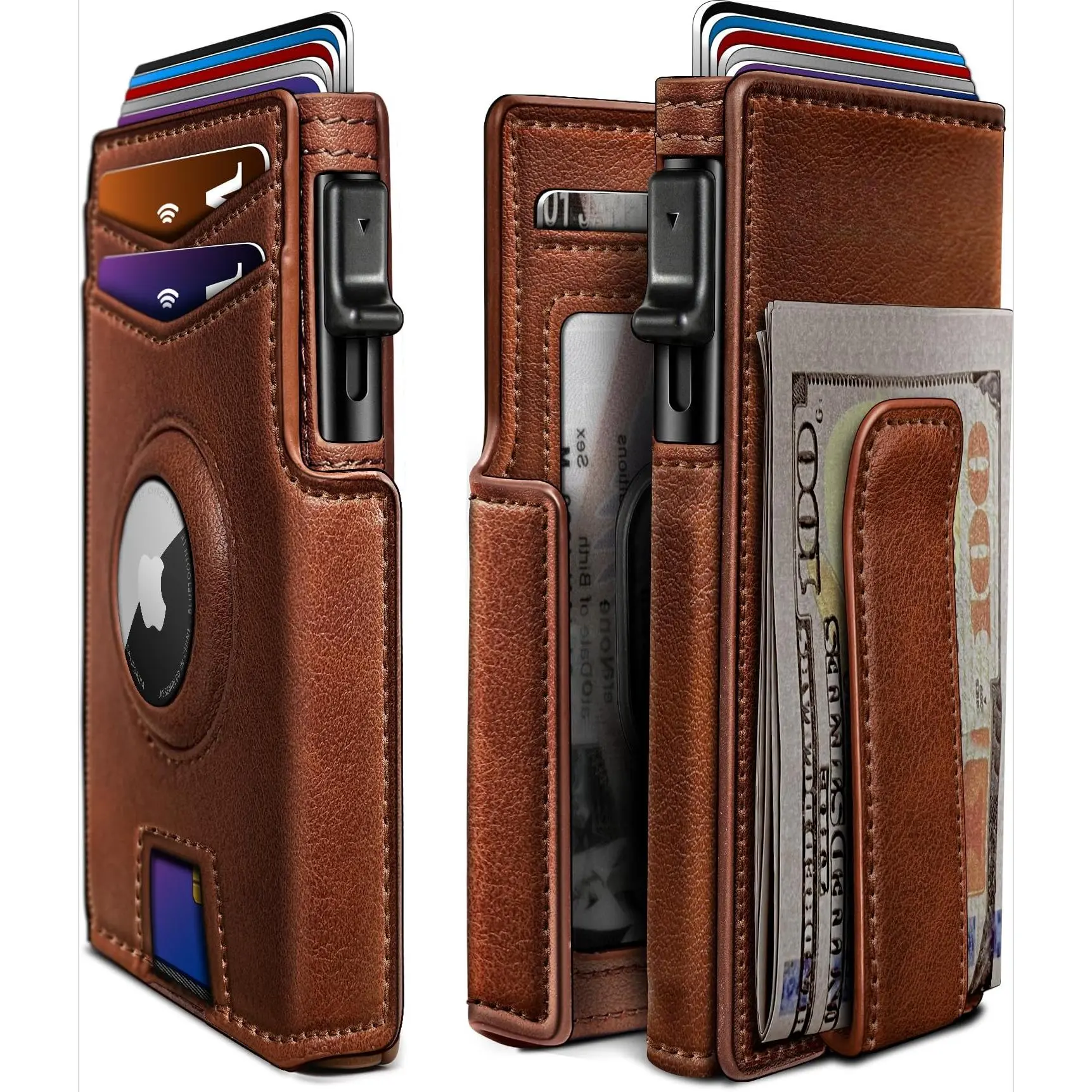 Men's Slim Fit Cowhide Leather Wallet - Magnetic Flip Cover, 10-Card Pop-Up RFID Blocking Metal Case, Money Clip, Cash Storage Wallet, Minimalist Design, Gift Box Included (AirTag NOT INCLUDED)