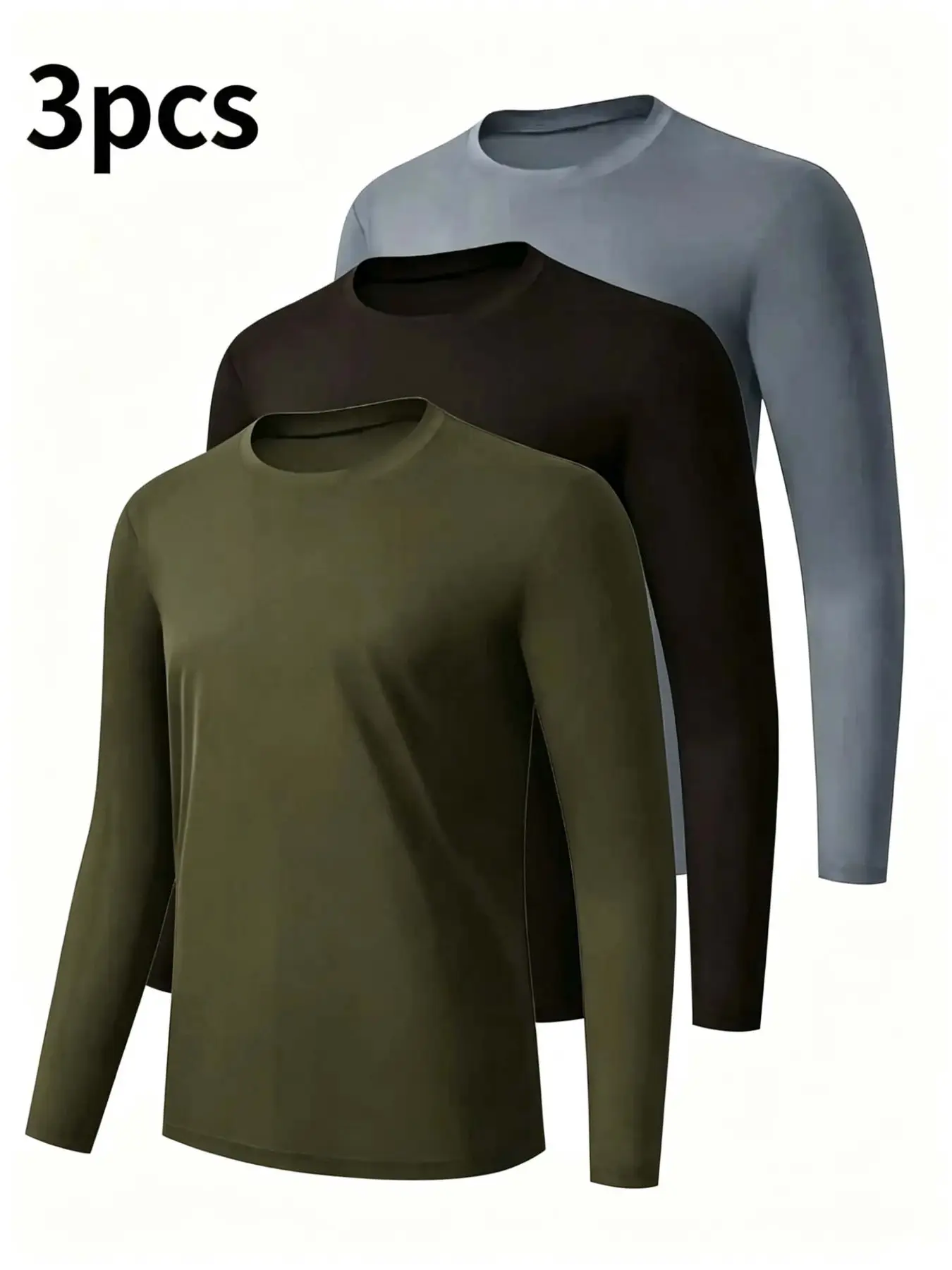 3-Pack Men's Sport Long Sleeve Crew Neck Shirts, Quick-Dry Fitness Wear, Dry Fit Pullover, Casual Outdoor Apparel, Bodycon Workout Clothes, Athletic Apparel