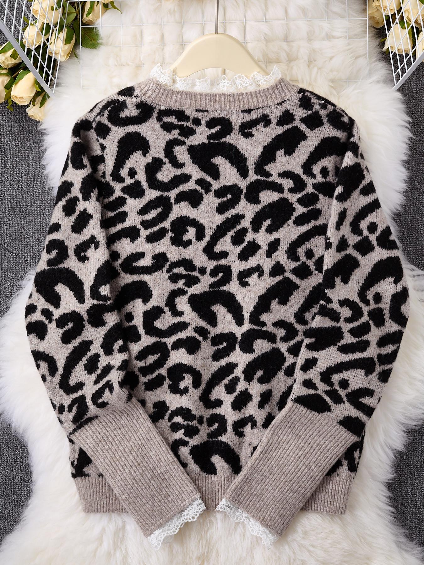 Women's Leopard Print Sweater Pullover, Casual Long Sleeve Jumper for Fall & Winter, Fashion Ladies' Knitwear for Daily Wear