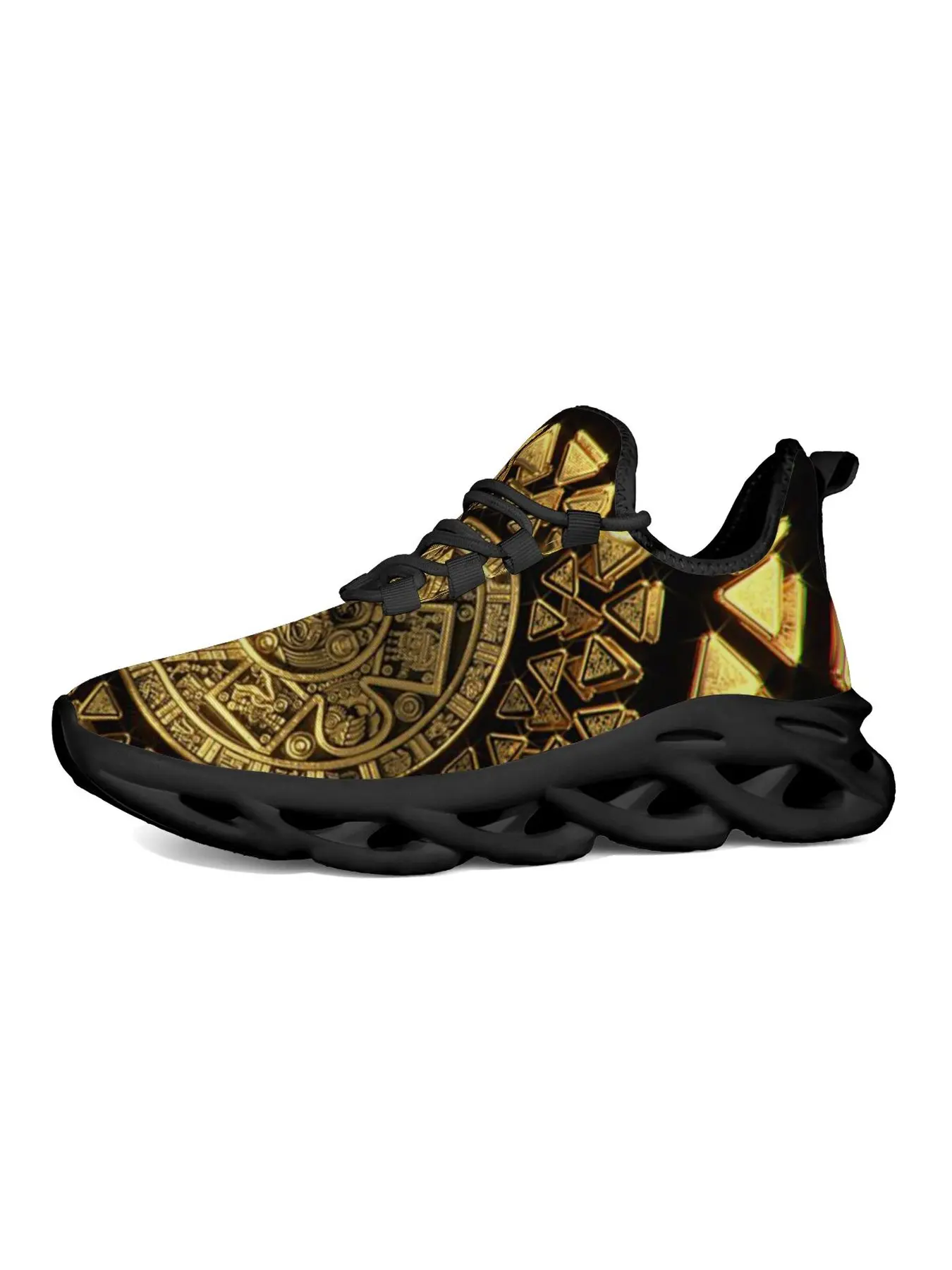 Gold Black Aztec Mayan Calendar Theme Sneakers, Cushioned Breathable Running Shoes for Men Women, Ancient Tribal Symbol Design Casual Athletic Shoes for Daily Wear