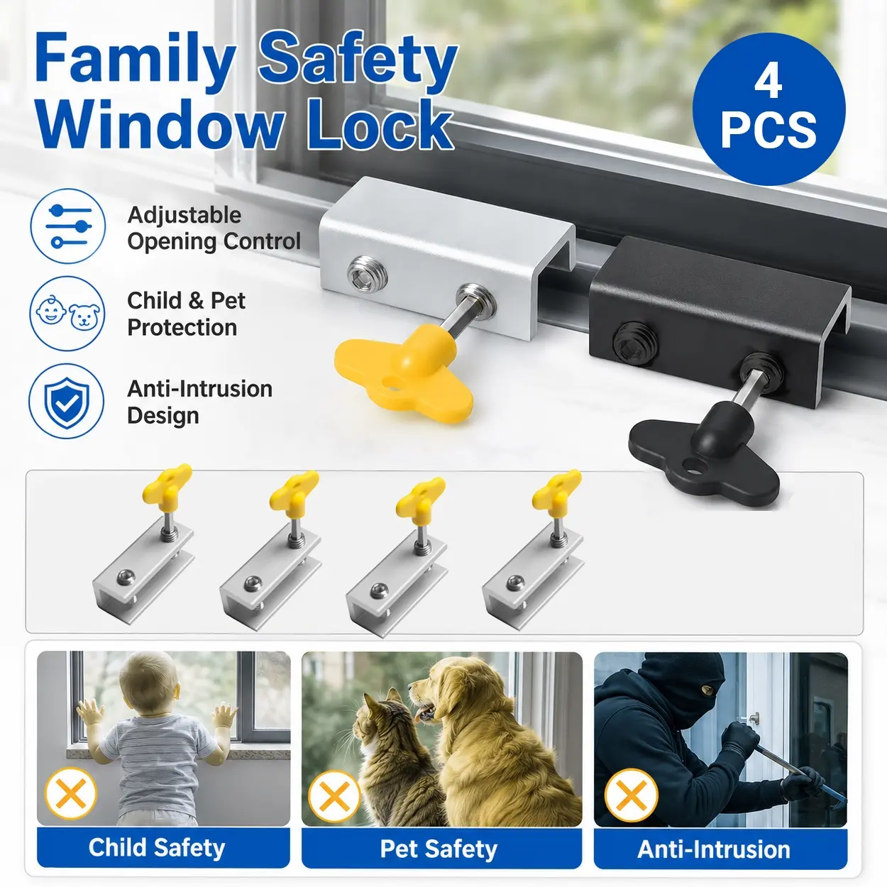 4 Pack Adjustable Sliding Window Locks with Keys, Aluminum Alloy Window Stoppers for Vertical and Horizontal Tracks, No Drill Security Limiter Locks for Child and Pet Safety, Home Bedroom Office Patio Window Ventilation and Added Protection