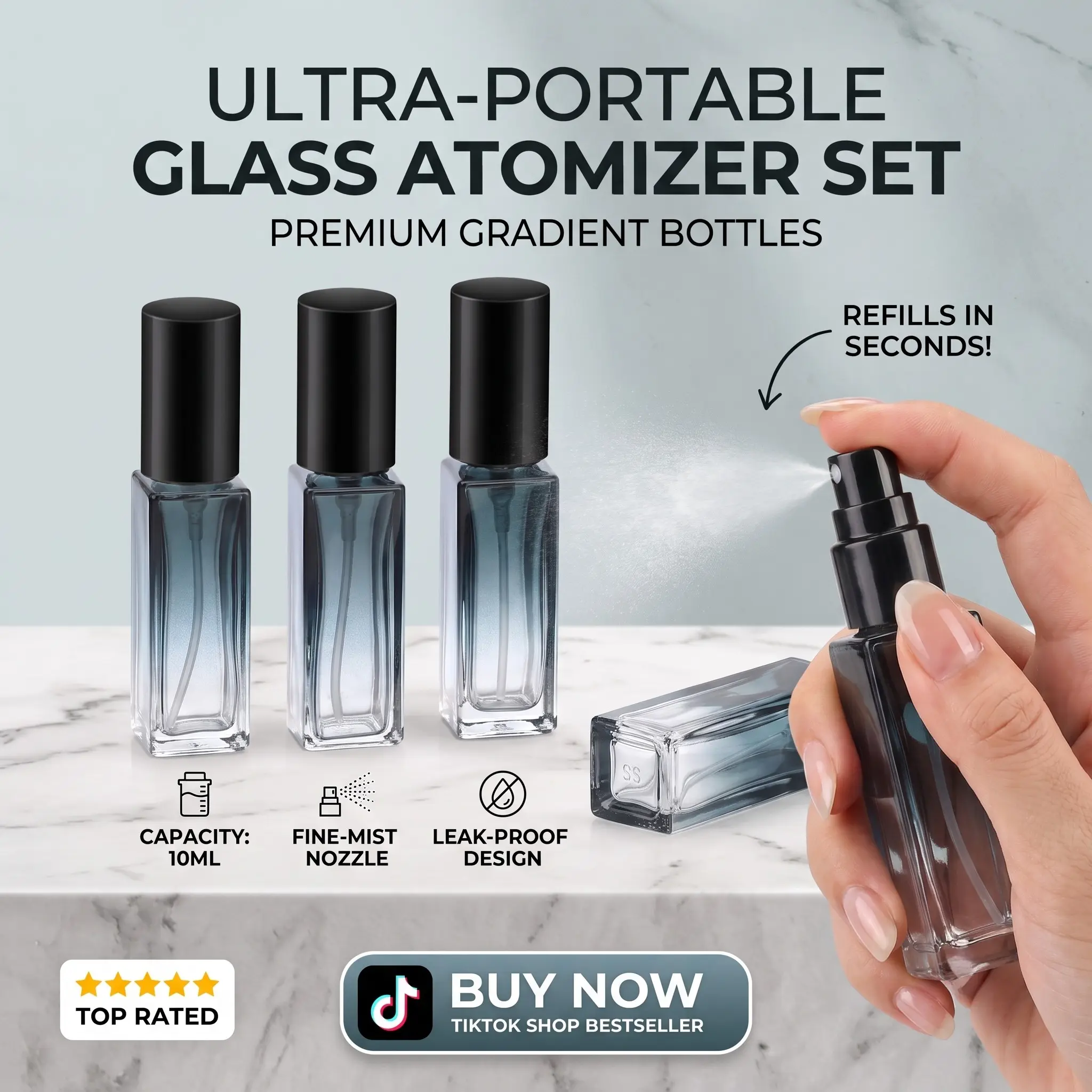 5pcs 10ML Refillable Perfume Spray Bottles, Gradient Blue Glass Fine Mist Atomizer Set, Portable Compact Mini Travel Fragrance Container for Purse & Pocket