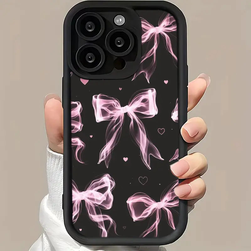 Sheer Pink Ribbon Bow Heart Phone Case,Dreamy Soft Pastel Style for iPhone 17 16 15 14 13 12 11 Plus Pro Max,Girly Romantic Sweet Everyday Surprise Gift